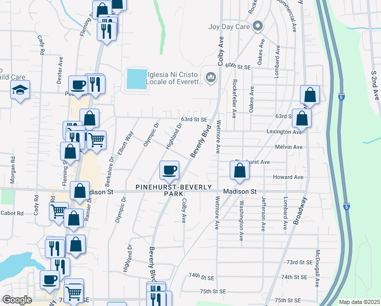 map of restaurants, bars, coffee shops, grocery stores, and more near 6528 Beverly Blvd in Everett