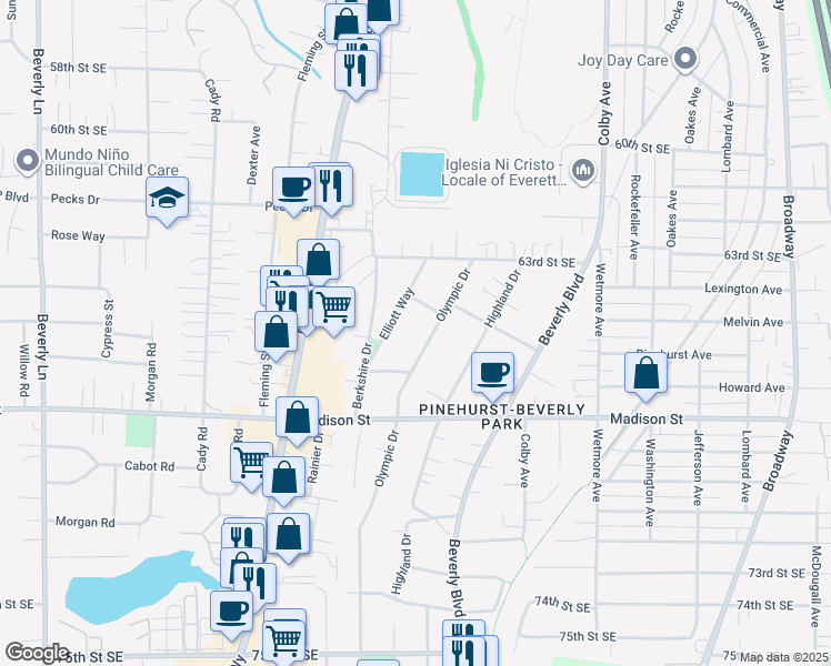 map of restaurants, bars, coffee shops, grocery stores, and more near 6516 Olympic Drive in Everett