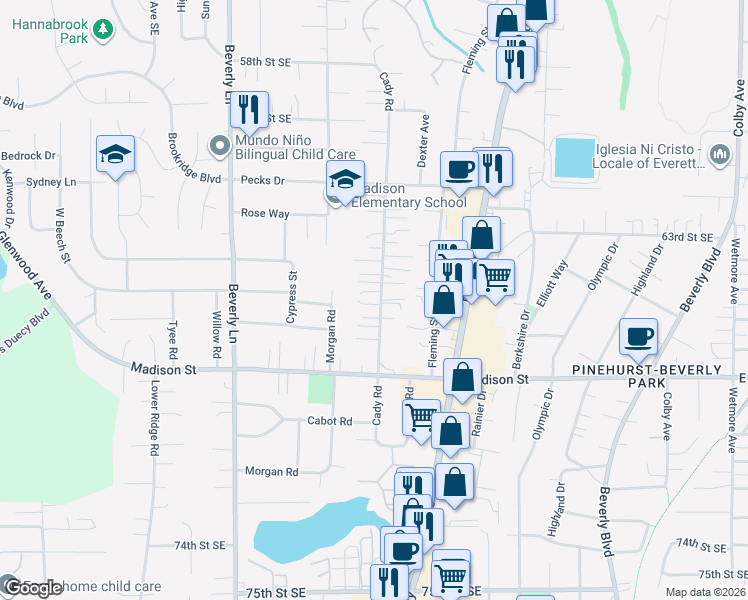 map of restaurants, bars, coffee shops, grocery stores, and more near 609 65th Place Southeast in Everett