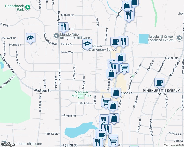 map of restaurants, bars, coffee shops, grocery stores, and more near 609 65th Place Southeast in Everett