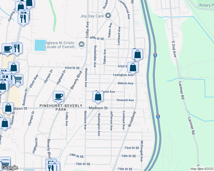 map of restaurants, bars, coffee shops, grocery stores, and more near 6506 Commercial Avenue in Everett