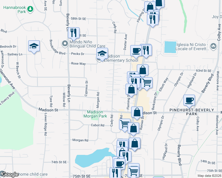 map of restaurants, bars, coffee shops, grocery stores, and more near 609 65th Place Southeast in Everett