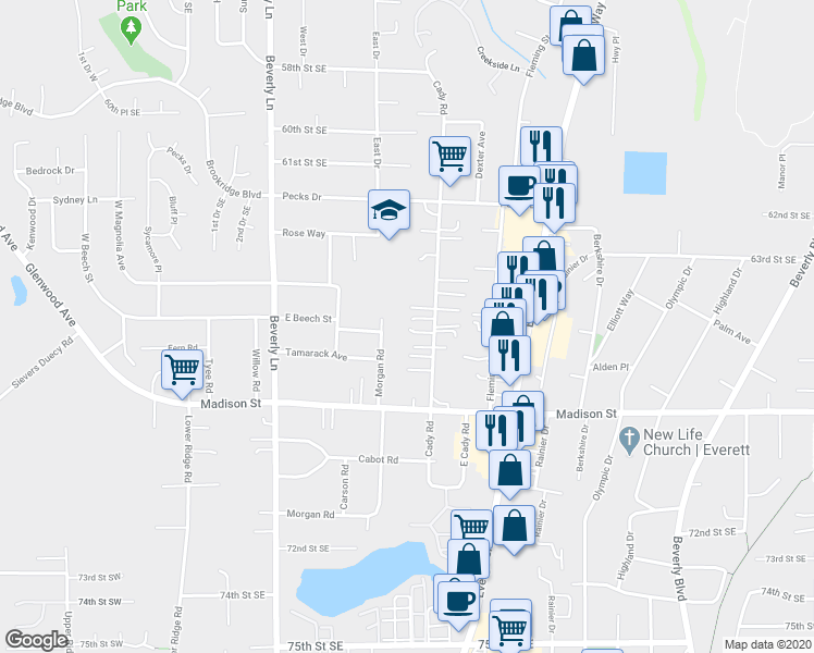 map of restaurants, bars, coffee shops, grocery stores, and more near 609 65th Place Southeast in Everett
