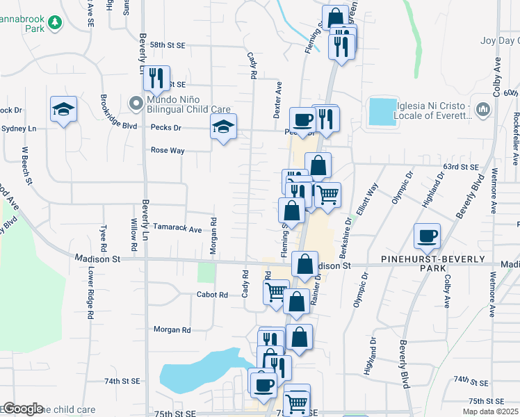 map of restaurants, bars, coffee shops, grocery stores, and more near 6513 Cady Road in Everett