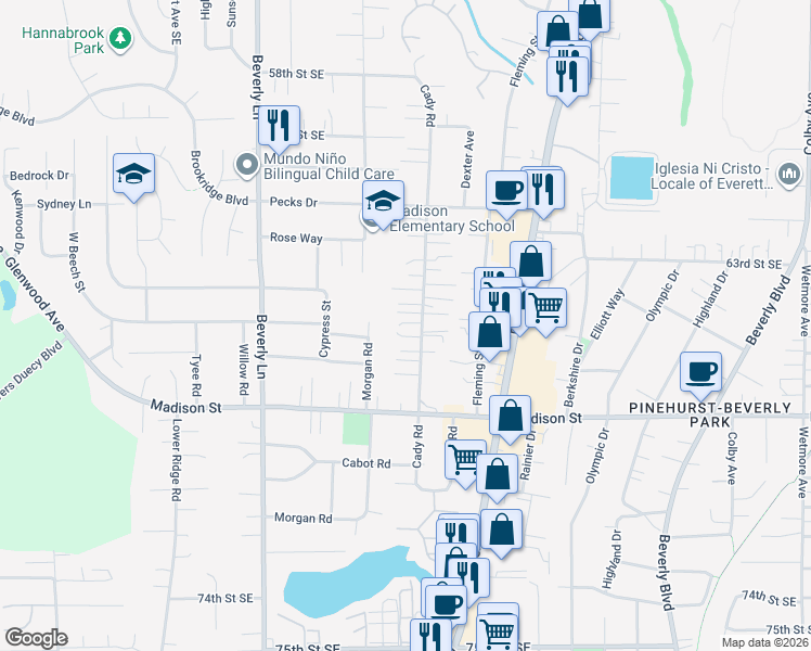map of restaurants, bars, coffee shops, grocery stores, and more near 609 65th Place Southeast in Everett