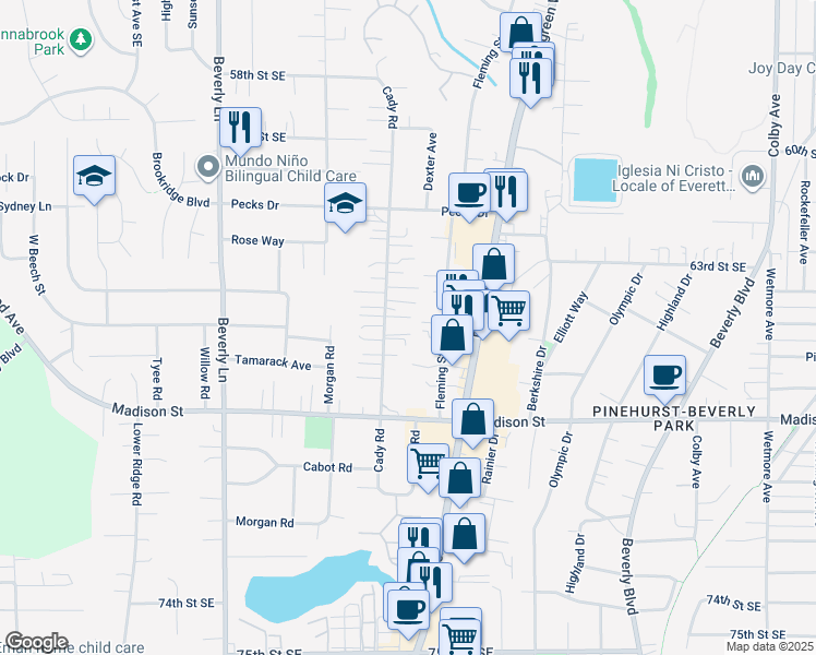 map of restaurants, bars, coffee shops, grocery stores, and more near 6513 Cady Road in Everett