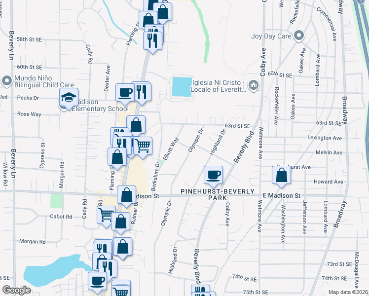 map of restaurants, bars, coffee shops, grocery stores, and more near 6516 Olympic Drive in Everett