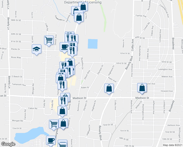 map of restaurants, bars, coffee shops, grocery stores, and more near 6516 Olympic Drive in Everett
