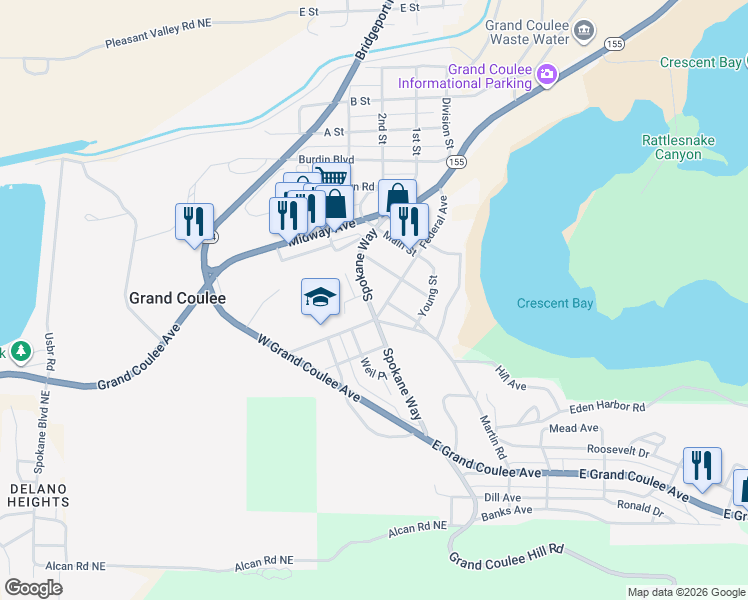 map of restaurants, bars, coffee shops, grocery stores, and more near 205 Spokane Way in Grand Coulee