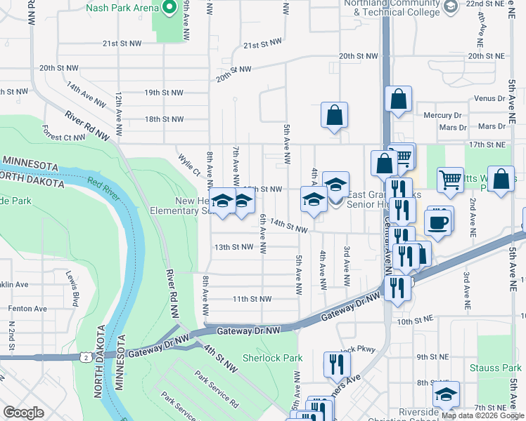 map of restaurants, bars, coffee shops, grocery stores, and more near 1427 6th Avenue Northwest in East Grand Forks