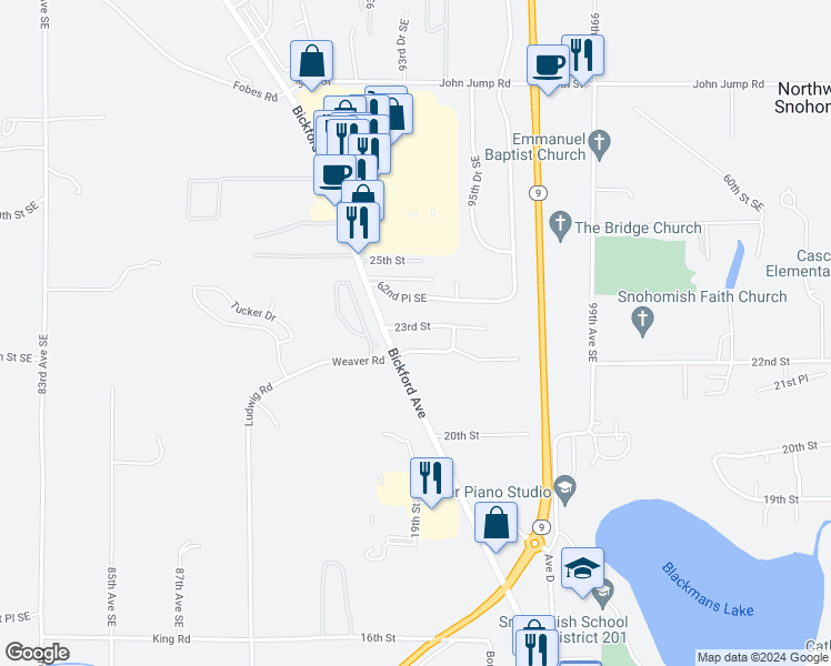 map of restaurants, bars, coffee shops, grocery stores, and more near 1803 23rd Street in Snohomish