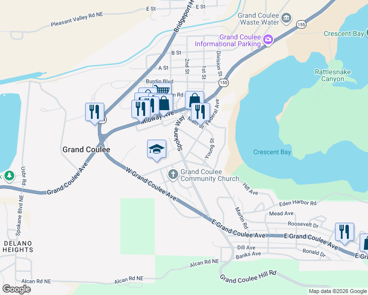 map of restaurants, bars, coffee shops, grocery stores, and more near 205 Spokane Way in Grand Coulee