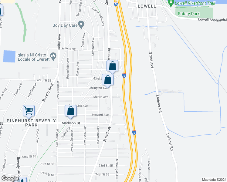 map of restaurants, bars, coffee shops, grocery stores, and more near 2427 Lexington Avenue in Everett