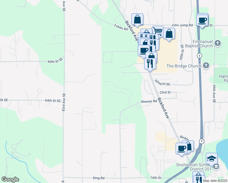 map of restaurants, bars, coffee shops, grocery stores, and more near Cady Drive in Snohomish