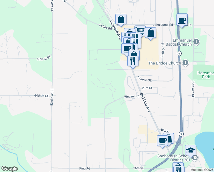 map of restaurants, bars, coffee shops, grocery stores, and more near 2319 Tucker Drive in Snohomish