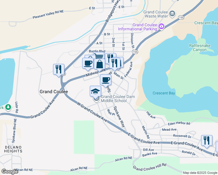 map of restaurants, bars, coffee shops, grocery stores, and more near in Grand Coulee
