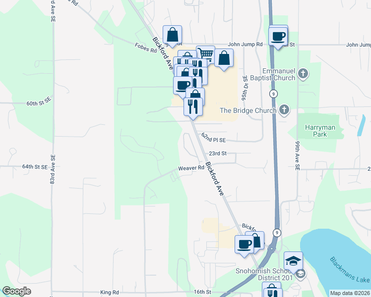 map of restaurants, bars, coffee shops, grocery stores, and more near 2414 Bickford Avenue in Snohomish