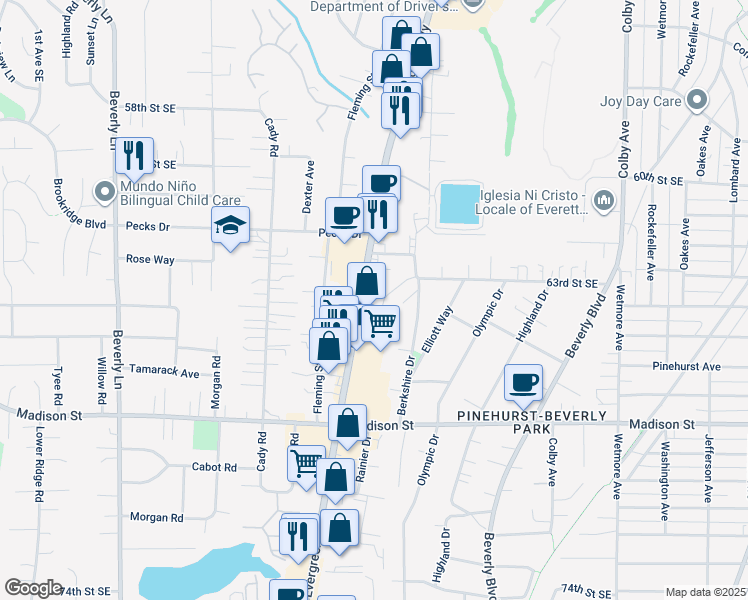 map of restaurants, bars, coffee shops, grocery stores, and more near 6323 Evergreen Way in Everett