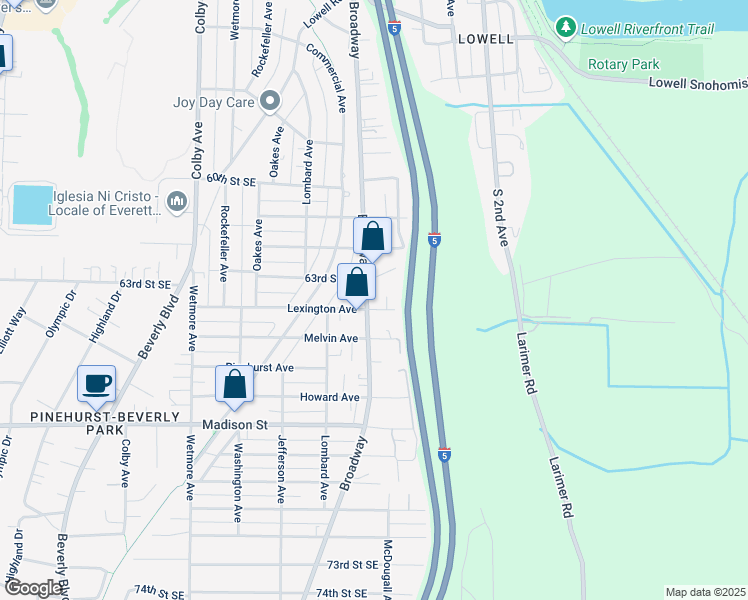map of restaurants, bars, coffee shops, grocery stores, and more near 6321 Broadway in Everett