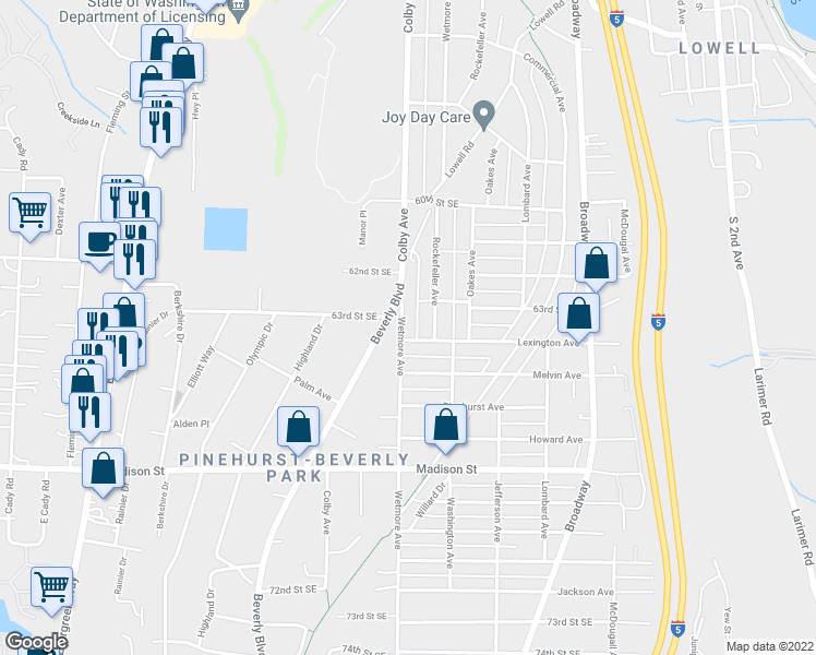 map of restaurants, bars, coffee shops, grocery stores, and more near 6317 Wetmore Avenue in Everett