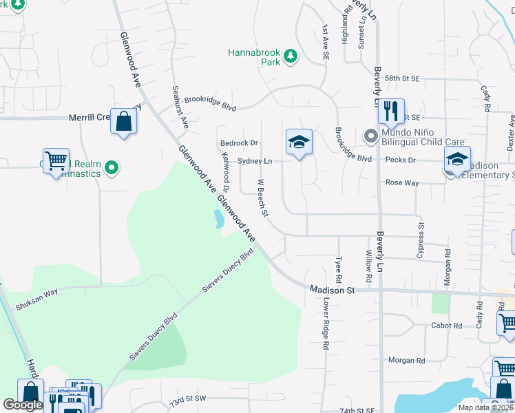 map of restaurants, bars, coffee shops, grocery stores, and more near 6404 West Beech Street in Everett