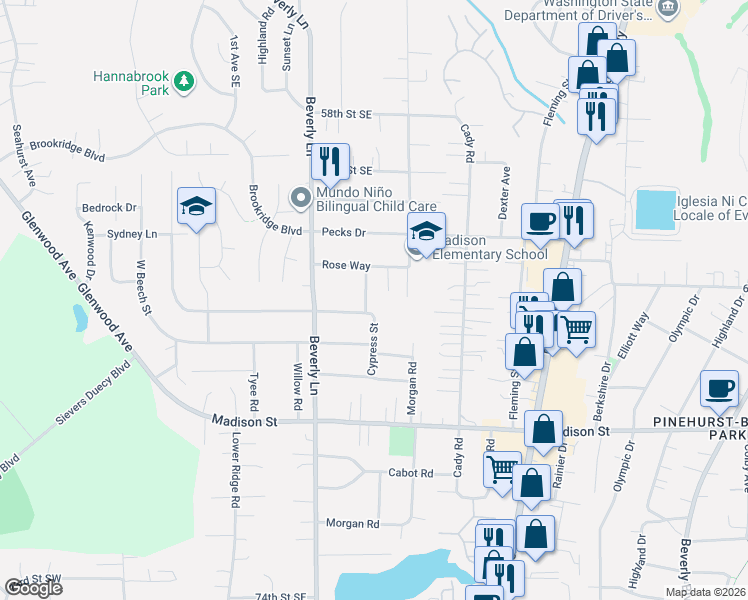 map of restaurants, bars, coffee shops, grocery stores, and more near 6401 Cypress Street in Everett