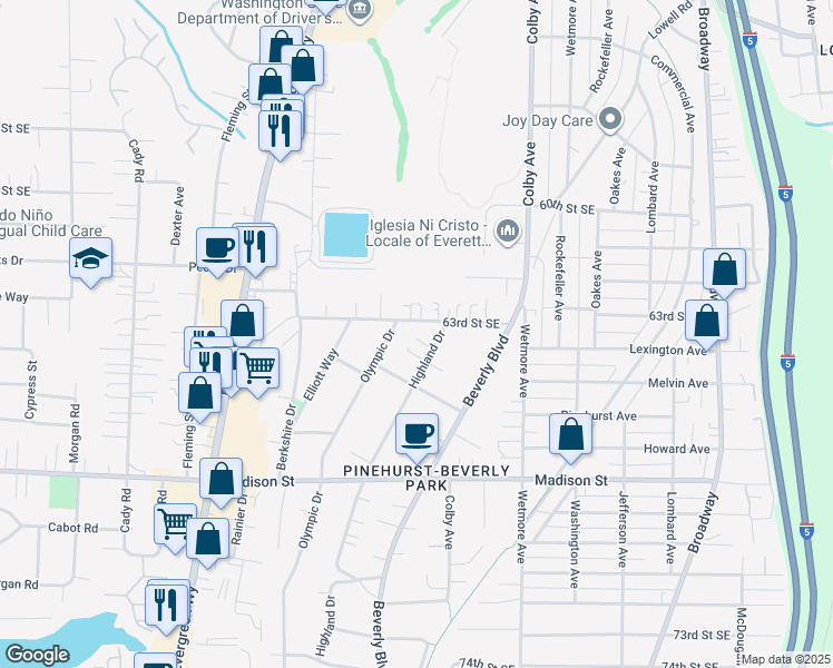 map of restaurants, bars, coffee shops, grocery stores, and more near 6404 Highland Drive in Everett