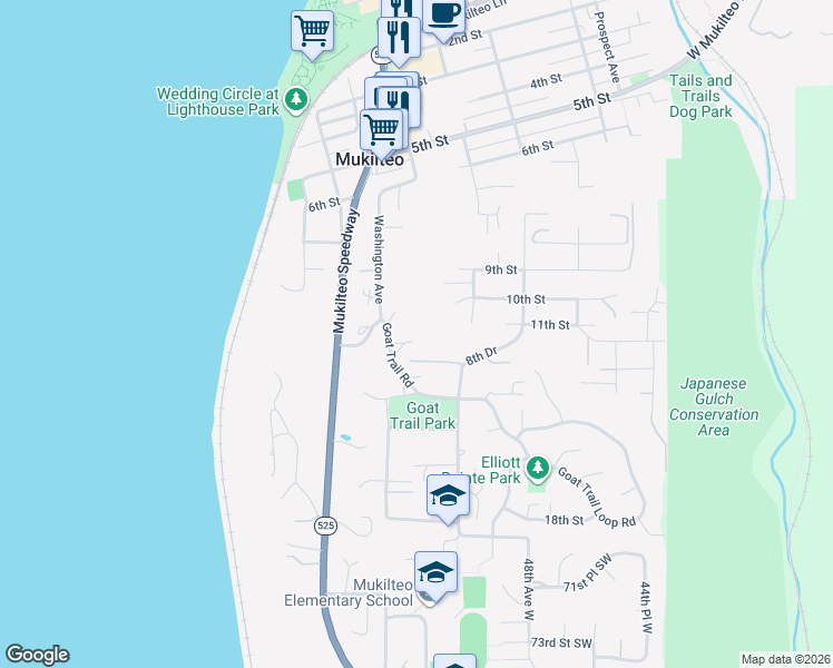 map of restaurants, bars, coffee shops, grocery stores, and more near 1180 Goat Trail Road in Mukilteo