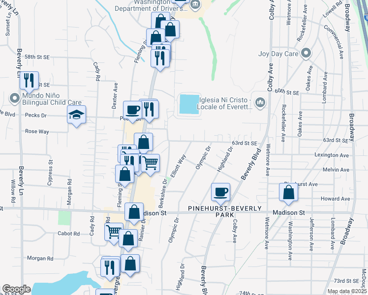 map of restaurants, bars, coffee shops, grocery stores, and more near 6326 Elliott Way in Everett