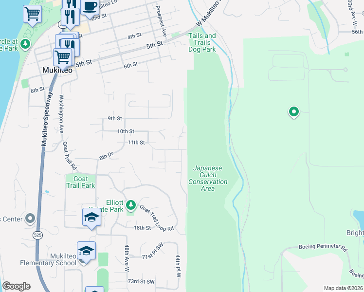 map of restaurants, bars, coffee shops, grocery stores, and more near 1104 Ridge Street in Mukilteo