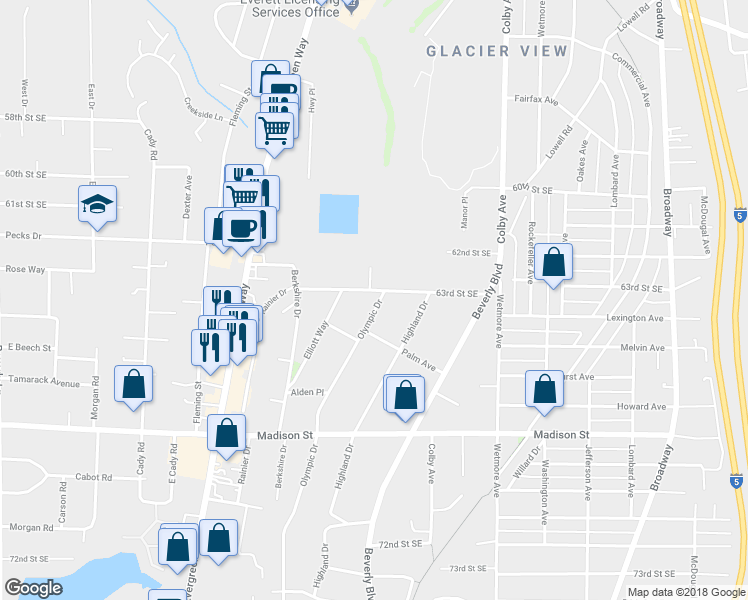 map of restaurants, bars, coffee shops, grocery stores, and more near 6302 Olympic Drive in Everett