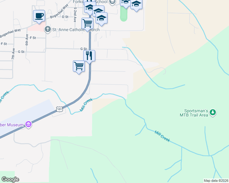 map of restaurants, bars, coffee shops, grocery stores, and more near 220 Sportsman Club Road in Forks