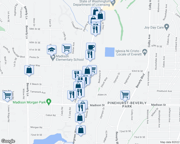 map of restaurants, bars, coffee shops, grocery stores, and more near 6323 Evergreen Way in Everett