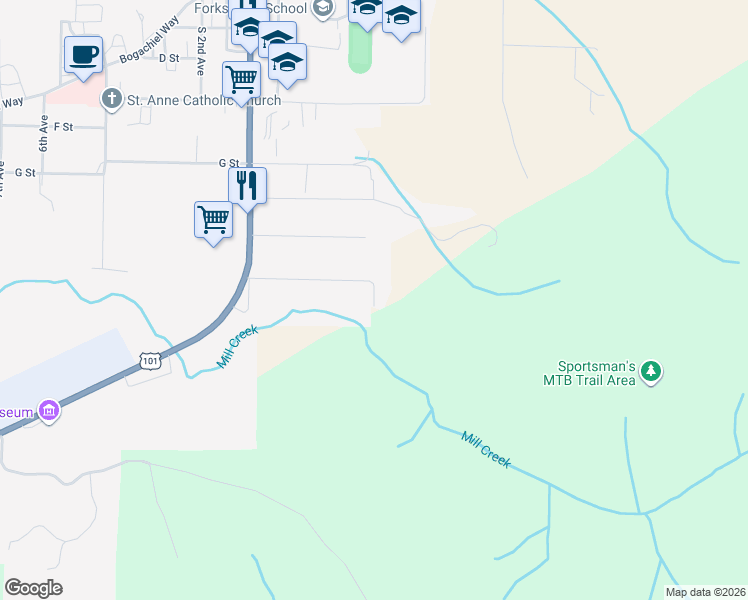 map of restaurants, bars, coffee shops, grocery stores, and more near 299 Sportsman Club Road in Forks