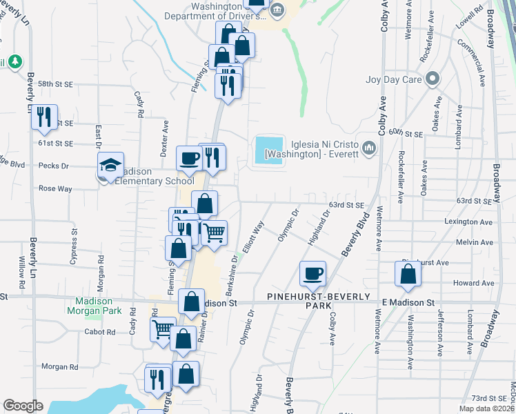 map of restaurants, bars, coffee shops, grocery stores, and more near 6326 Elliott Way in Everett