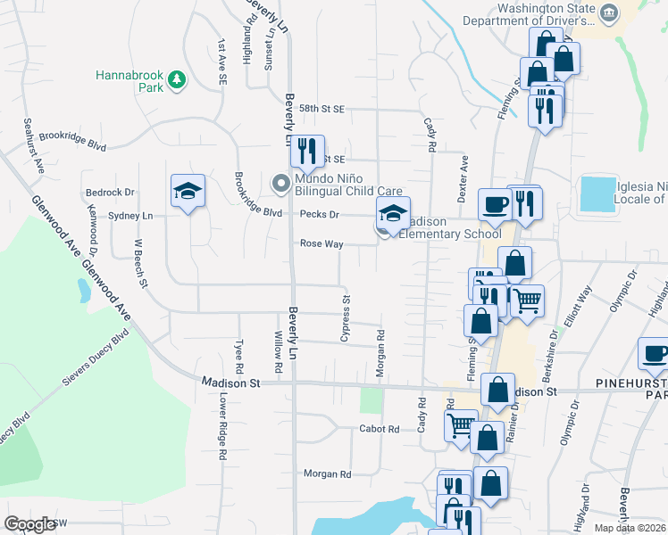 map of restaurants, bars, coffee shops, grocery stores, and more near 6401 Cypress Street in Everett