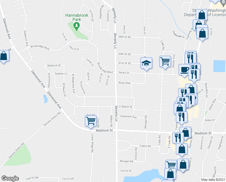 map of restaurants, bars, coffee shops, grocery stores, and more near 6412 Beverly Lane in Everett