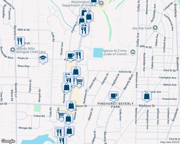 map of restaurants, bars, coffee shops, grocery stores, and more near 1302 63rd Street Southeast in Everett