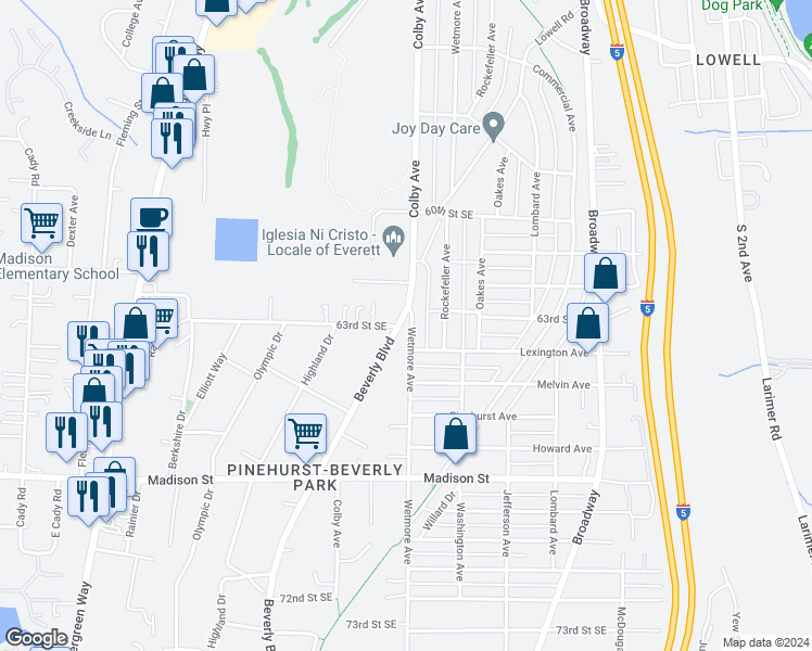 map of restaurants, bars, coffee shops, grocery stores, and more near 6317 Wetmore Avenue in Everett