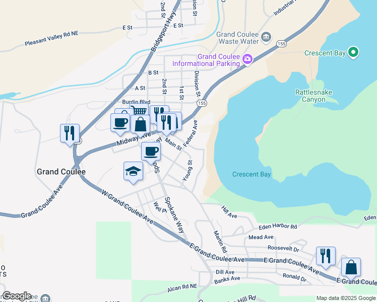 map of restaurants, bars, coffee shops, grocery stores, and more near 106 Main Street in Grand Coulee