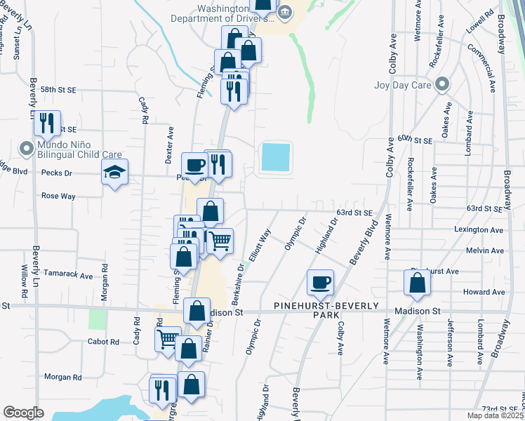 map of restaurants, bars, coffee shops, grocery stores, and more near 1306 63rd Street Southeast in Everett