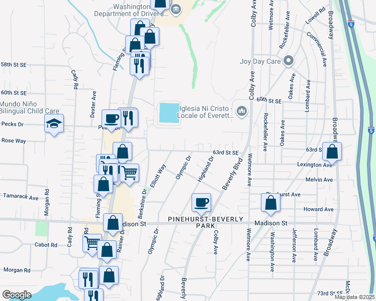 map of restaurants, bars, coffee shops, grocery stores, and more near 6302 Olympic Drive in Everett