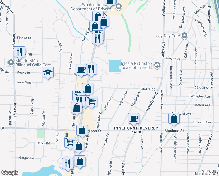 map of restaurants, bars, coffee shops, grocery stores, and more near 6326 Elliott Way in Everett