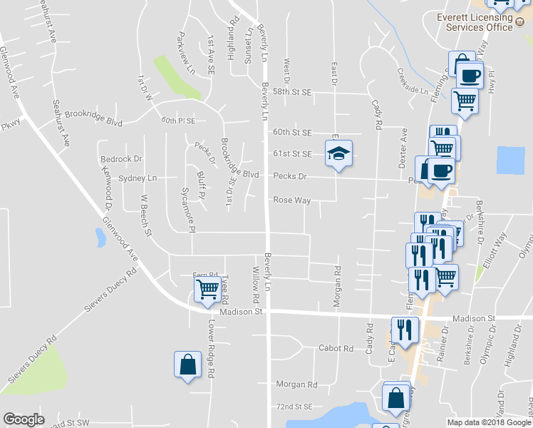 map of restaurants, bars, coffee shops, grocery stores, and more near 6408 Beverly Lane in Everett