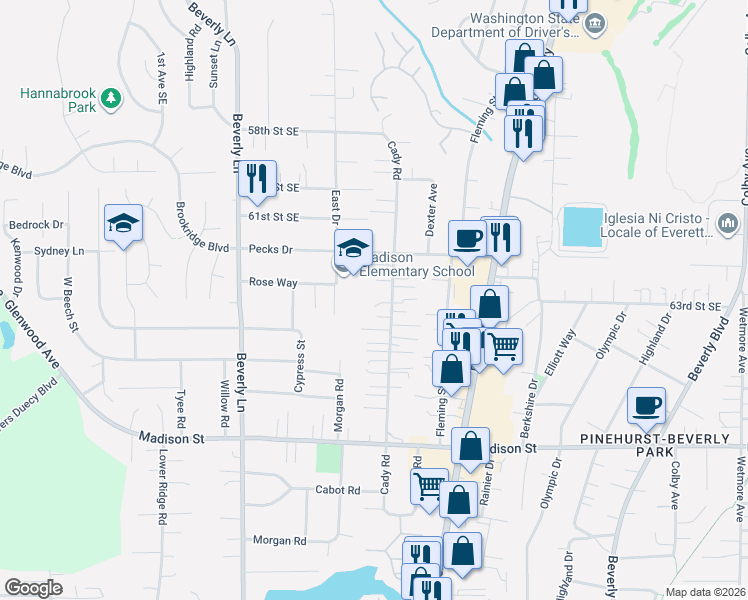 map of restaurants, bars, coffee shops, grocery stores, and more near 6320 Cady Road in Everett
