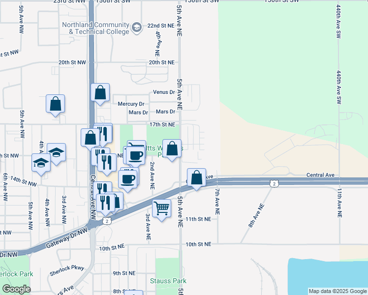map of restaurants, bars, coffee shops, grocery stores, and more near 1507 Aspen Drive Northeast in East Grand Forks