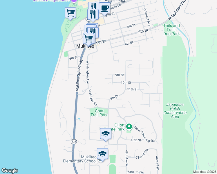 map of restaurants, bars, coffee shops, grocery stores, and more near 703 10th Street in Mukilteo