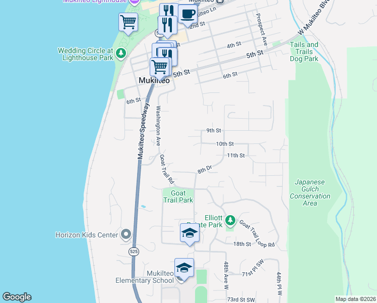 map of restaurants, bars, coffee shops, grocery stores, and more near 703 10th Street in Mukilteo