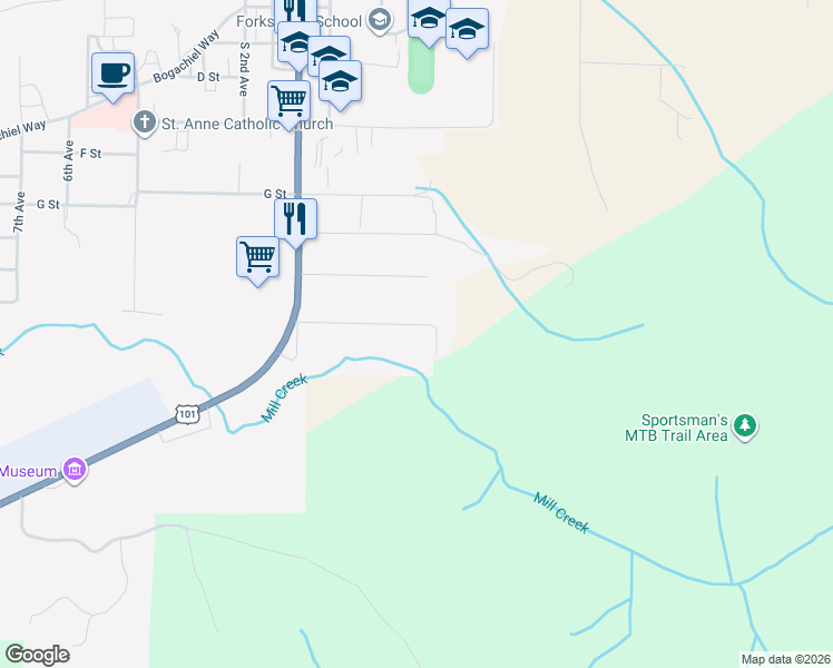 map of restaurants, bars, coffee shops, grocery stores, and more near 220 Sportsman Club Road in Forks