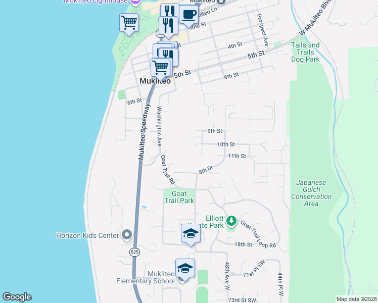 map of restaurants, bars, coffee shops, grocery stores, and more near 701 10th Street in Mukilteo